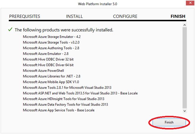 finish the installation of Azure SDK